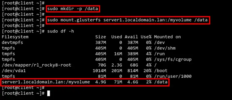 Клиент успешно смонтировал том GlusterFS