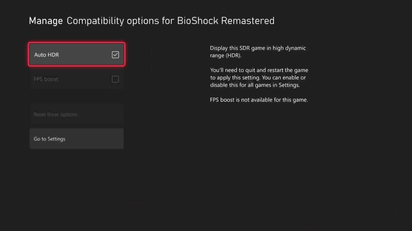 Скриншот экрана Параметры совместимости для избранной игры с включённым Auto HDR