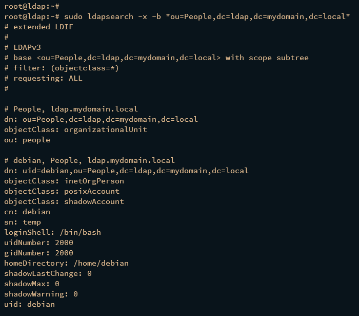 Проверка добавленного пользователя debian в LDAP