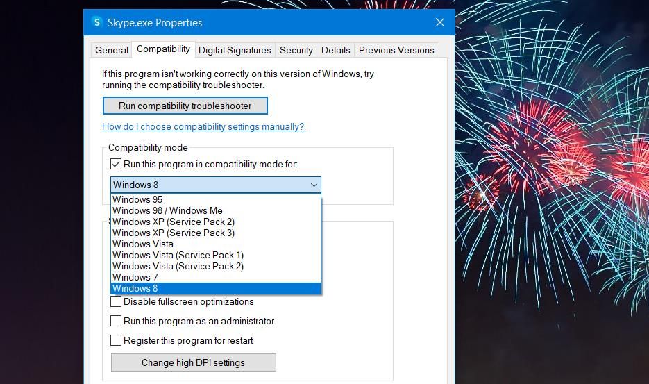 Параметр запуска в режиме совместимости, выбор Windows 8