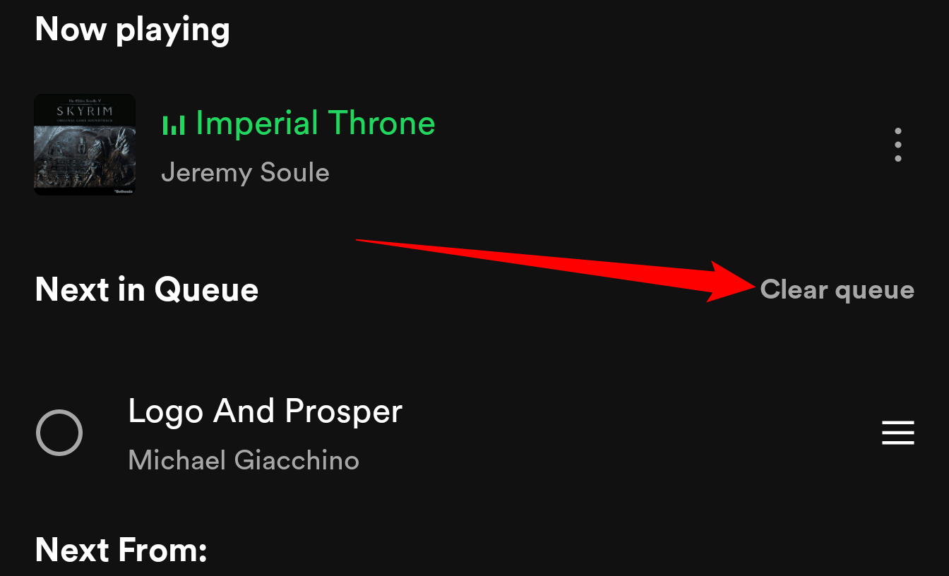 Кнопка 'Clear Queue' в мобильном приложении Spotify