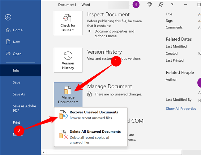 Нажмите «Управление документом», затем «Восстановить несохранённые документы».