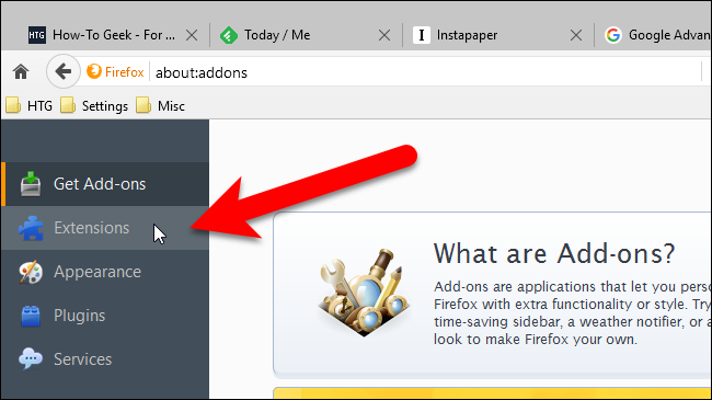 Список: раздел «Расширения» выбран