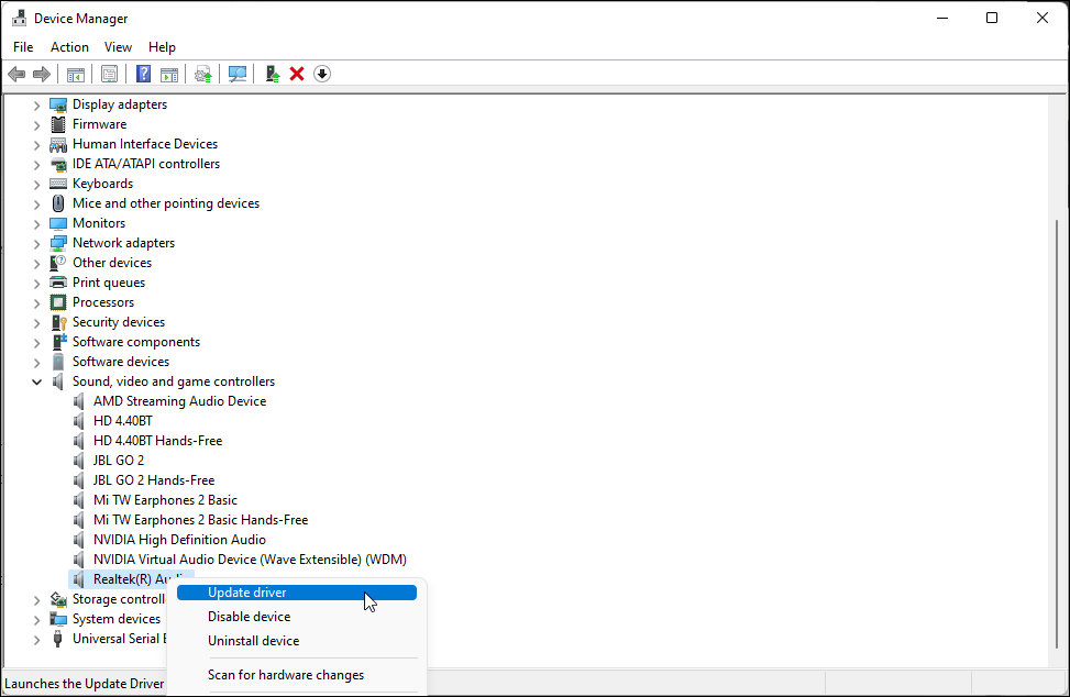 Обновление драйвера аудио‑устройства в Диспетчере устройств