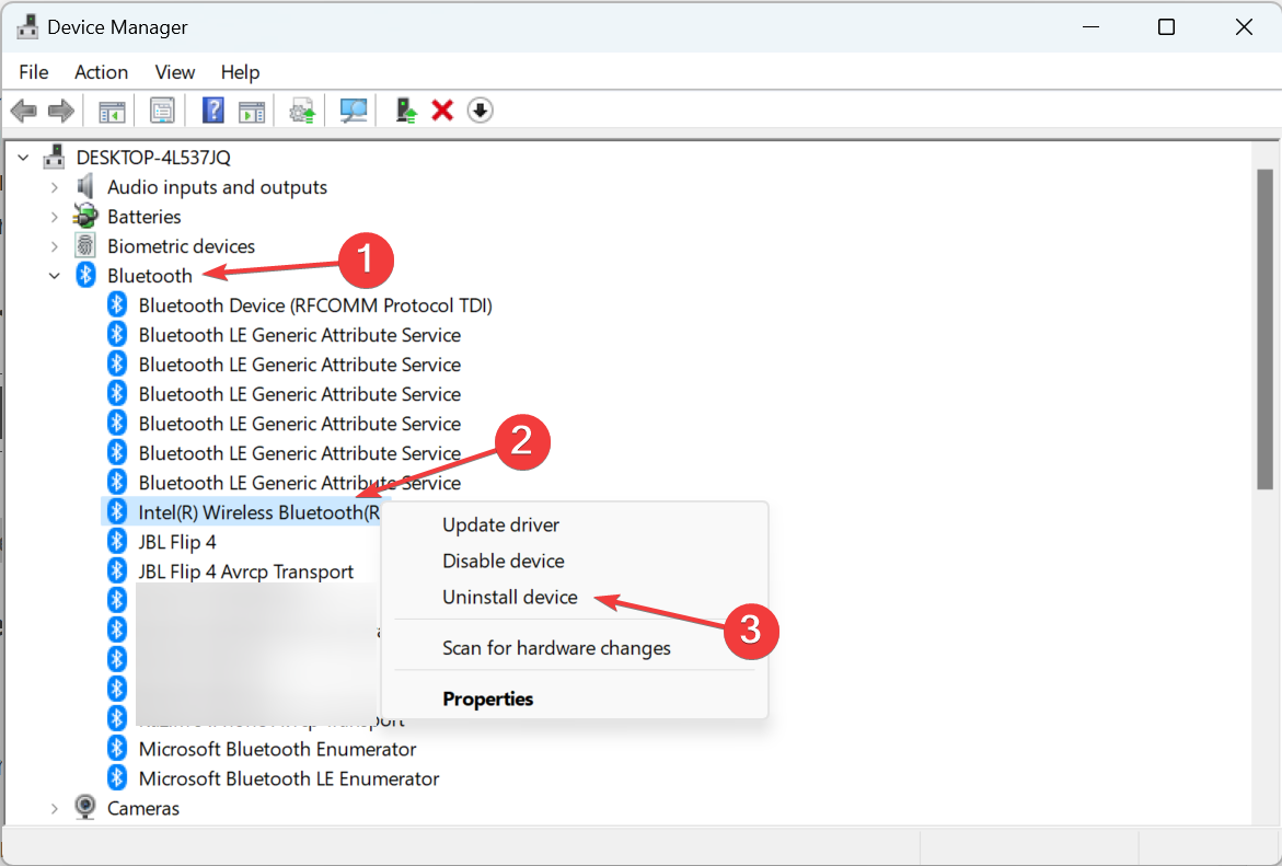 Контекстное меню адаптера Bluetooth: Удалить устройство