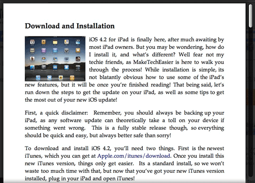 Просмотр статьи в режиме Safari Reader: чистая верстка и изображение