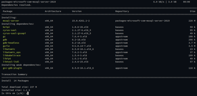 Скриншот: процесс установки mssql-server с подтверждением