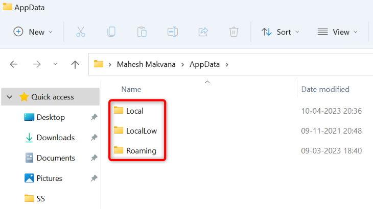 Папка AppData с тремя подпапками Local, LocalLow и Roaming