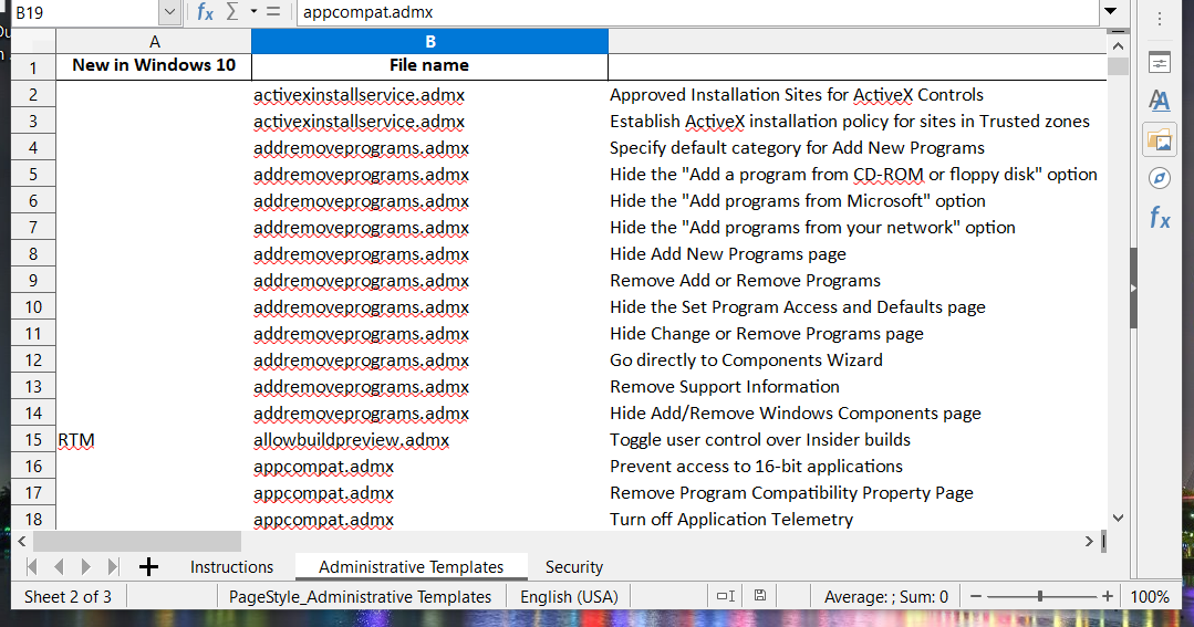 Фрагмент таблицы Group Policy с перечнем политик