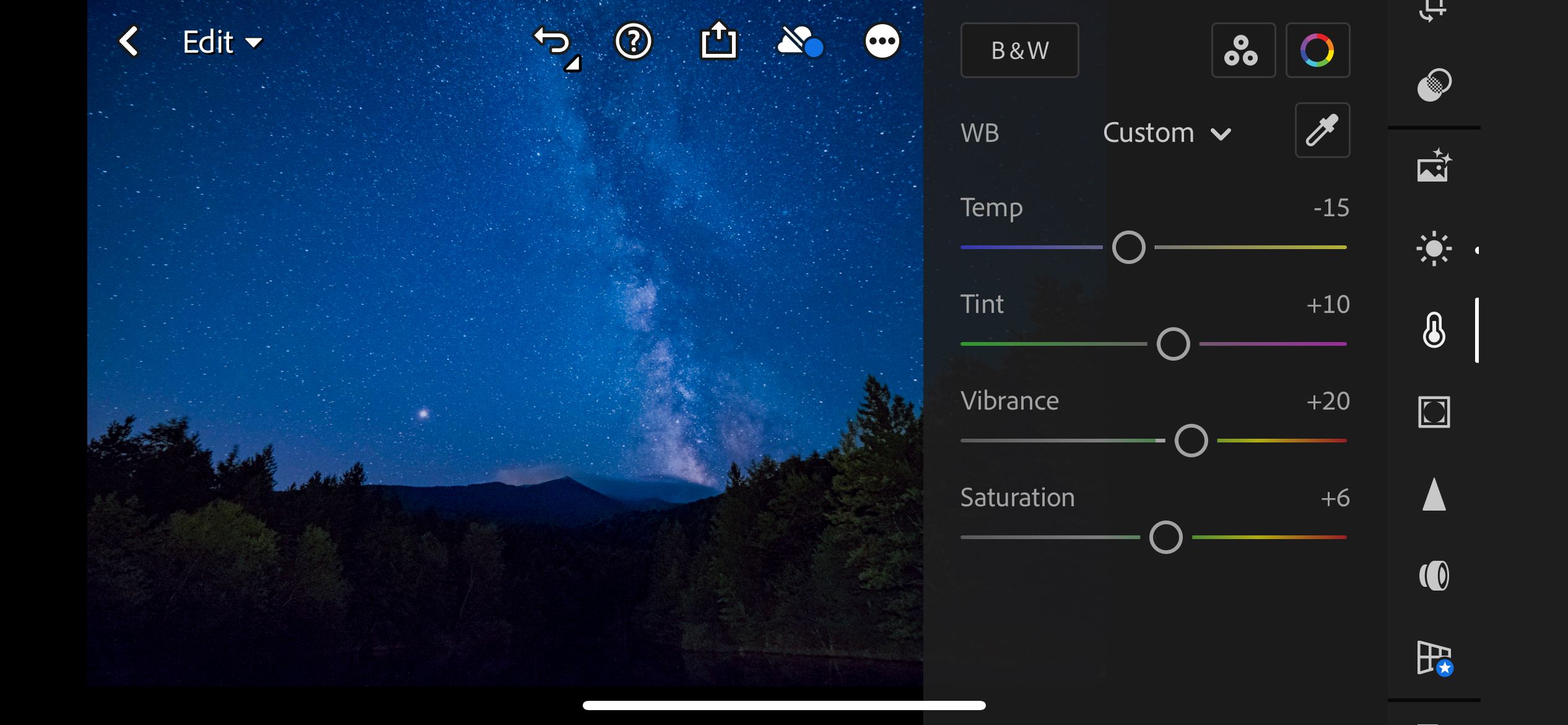 Меню цветовых правок и обновлённое фото