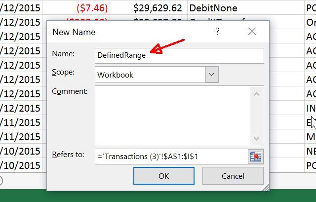Диалог присвоения имени диапазону; область уже заполнена