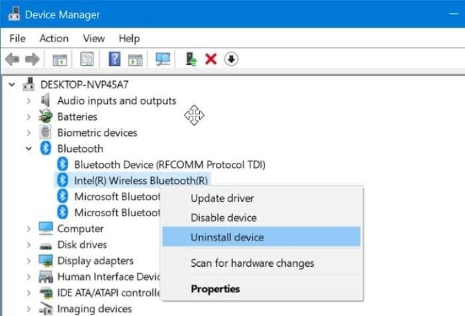 Удаление Bluetooth-драйвера в Диспетчере устройств