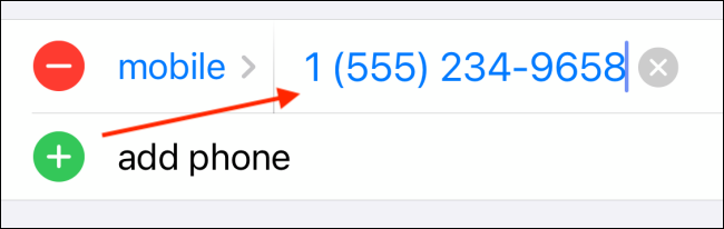 Ввод номера телефона в поле нового контакта