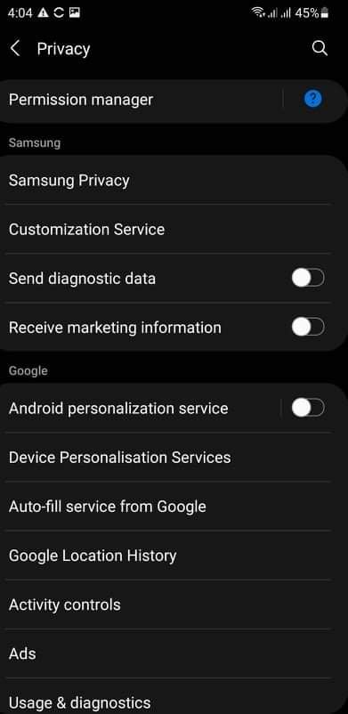 Скриншот настроек Android по конфиденциальности