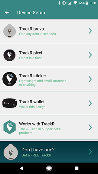 Экран выбора модели Trackr с доступными вариантами