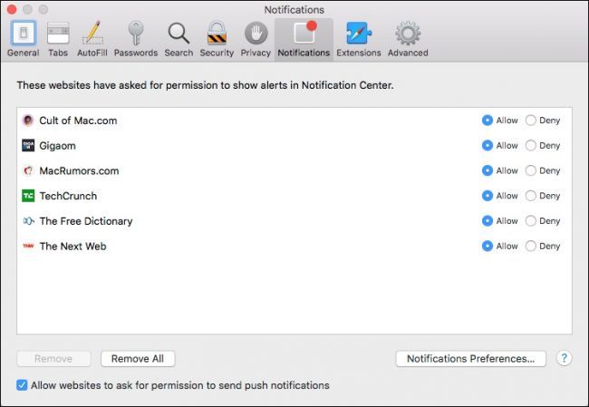 Пример управления отдельным сайтом в Safari