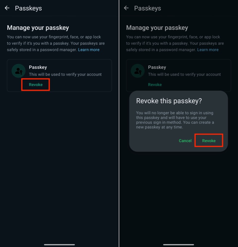 Отзыв passkey в WhatsApp на Samsung