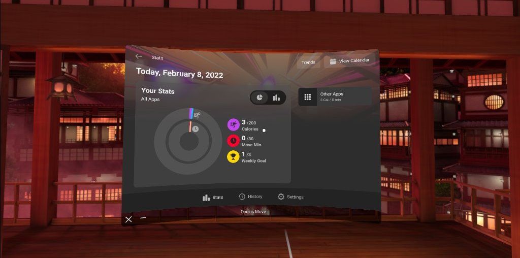 Страница статистики Move на Quest