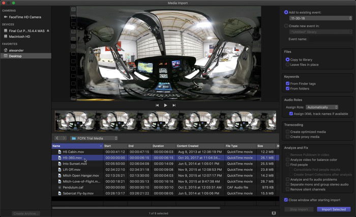 Окно импорта медиа с настройками
