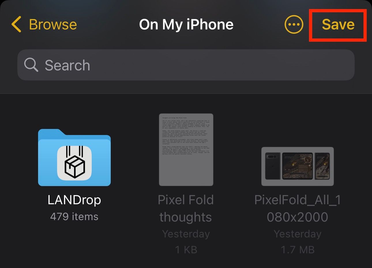 Сохранение экспортированной заметки в приложении Файлы на iPhone.