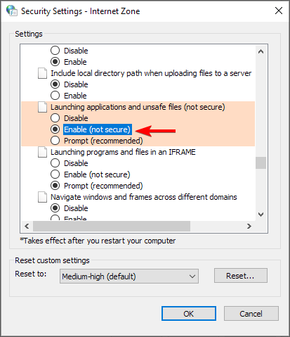 Параметр запуска приложений и небезопасных файлов в Internet Properties