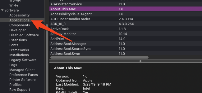 Вкладка «Програмное обеспечение → Приложения» в System Information
