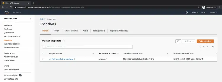 Раздел Snapshots в консоли RDS