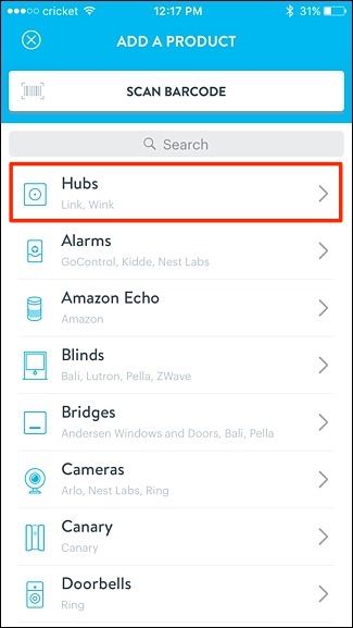 Выбор хаба в списке устройств приложения