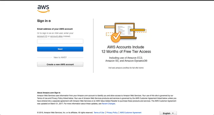 Страница входа AWS с формой ввода учётных данных