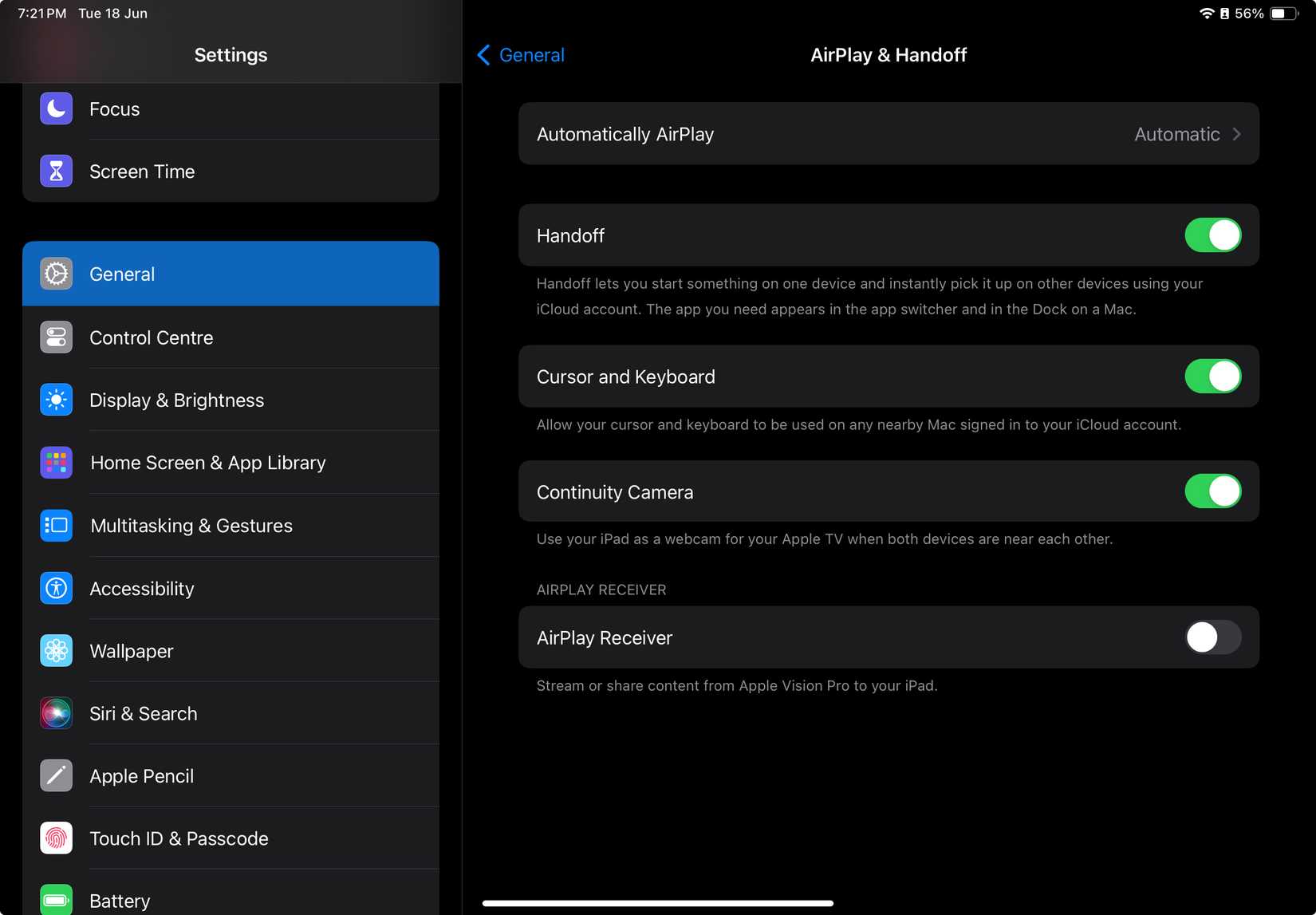 Настройки AirPlay и Handoff на iPad