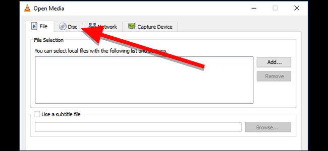 Окно Открыть медиа — вкладка Диск в VLC