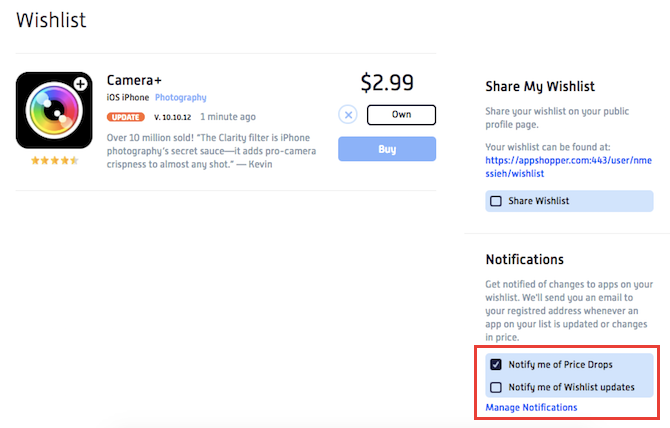 Опция уведомлений о падении цены в wishlist AppShopper