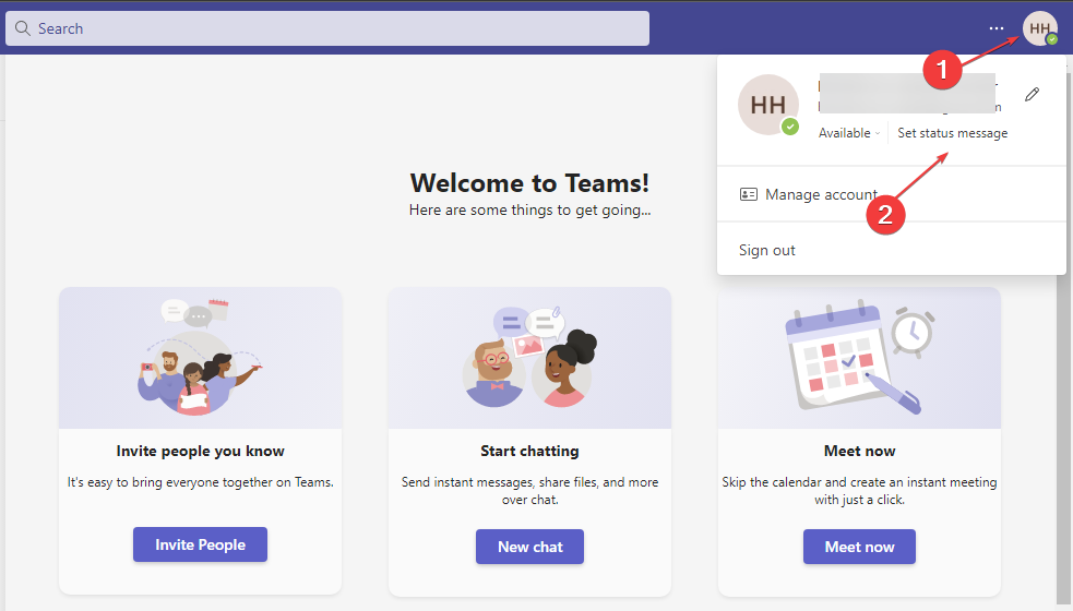 Установка сообщения статуса в Teams