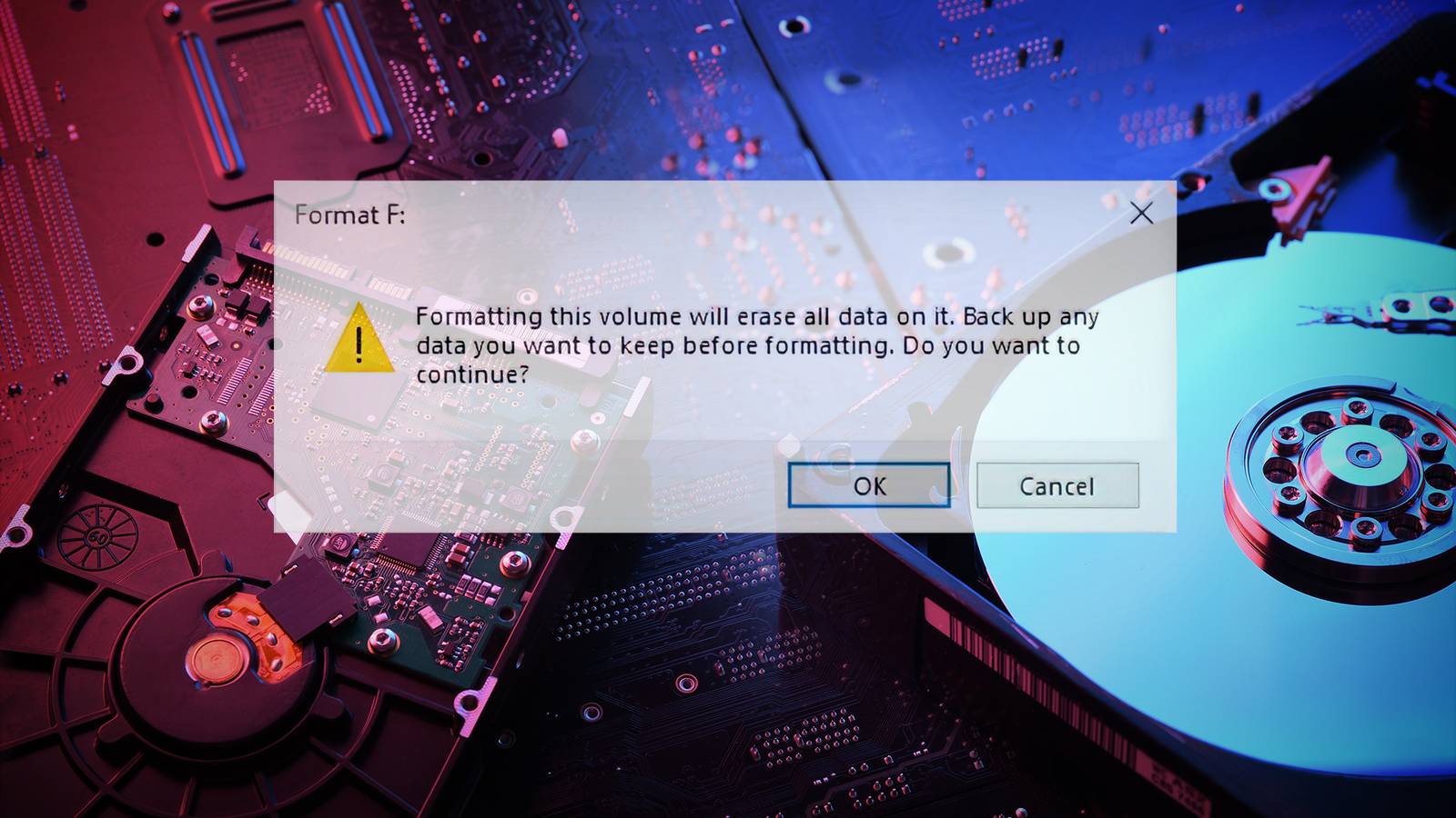 Диалог предупреждения о форматировании на экране компьютера, предупреждающий об удалении всех данных; на заднем плане видны комплектующие оборудования.