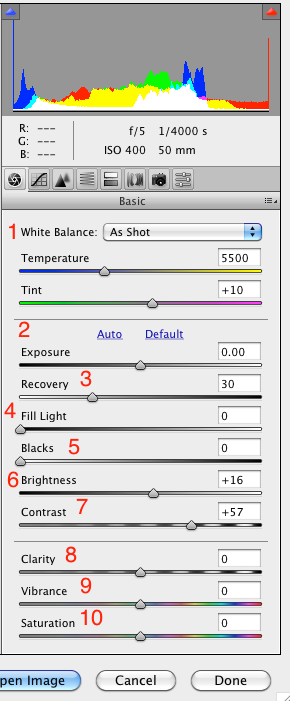 Интерфейс панели Adobe Camera Raw с основными инструментами