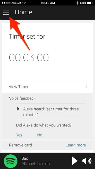 Скриншот меню приложения Alexa с выделенным пунктом Настройки