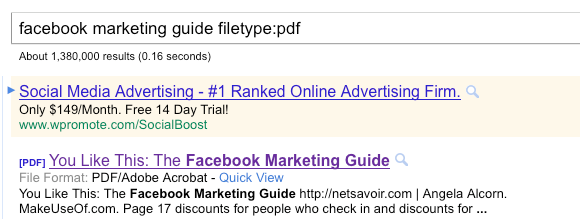 Пример поиска с оператором filetype