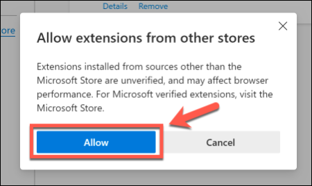 Click Allow to allow Chrome extensions to be used in Edge