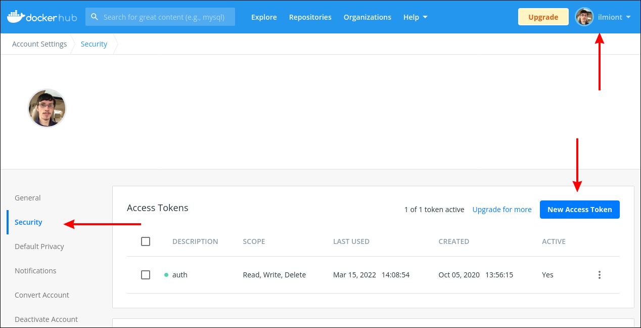 Создание токена доступа в Docker Hub — снимок экрана