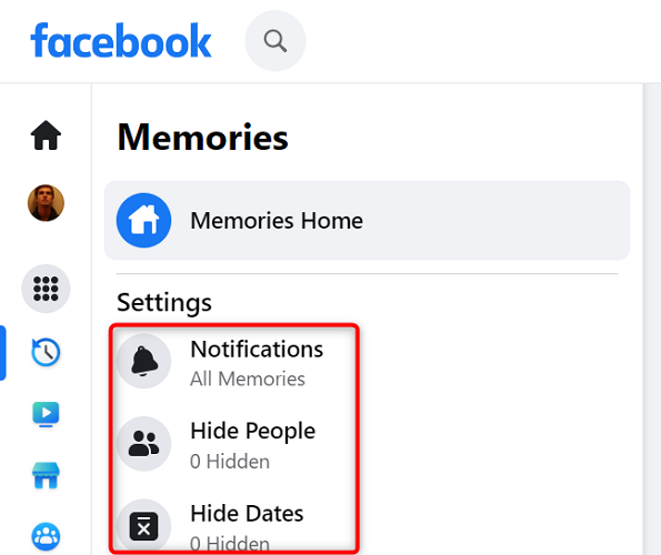 Настройки воспоминаний Facebook на компьютере.