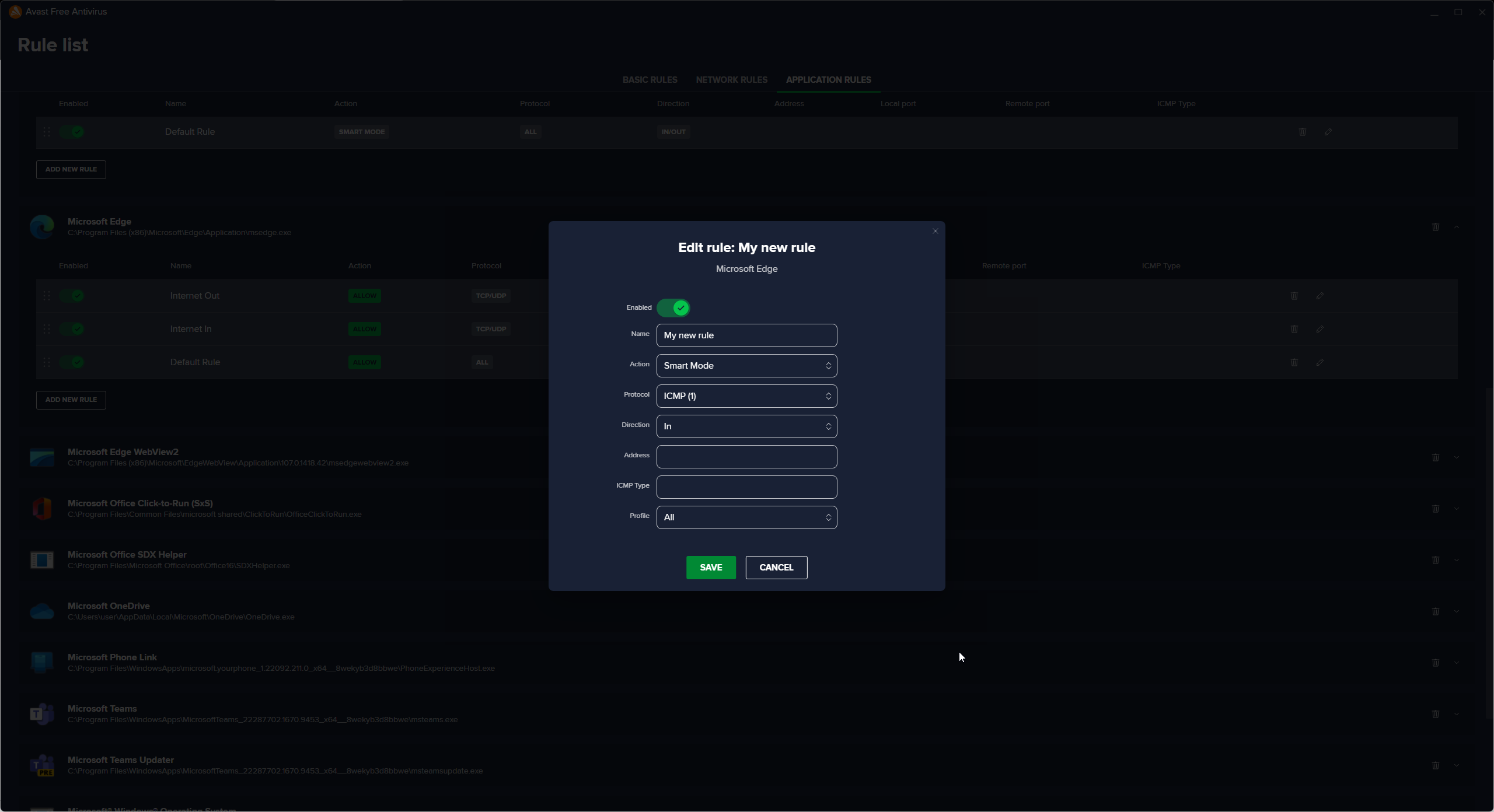 Параметры нового правила в Avast