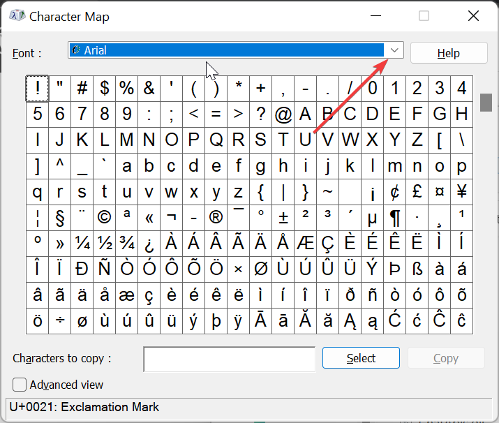 Выбор шрифта в таблице символов