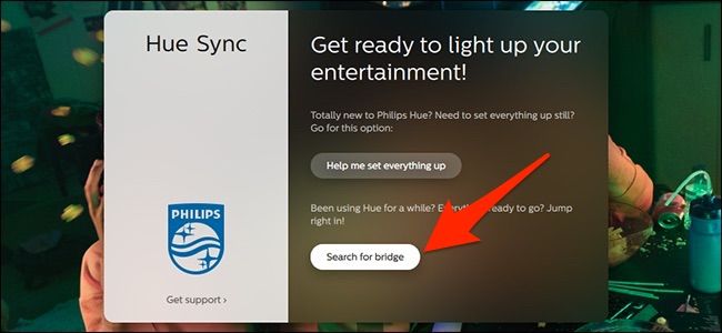 Окно приложения Hue Sync с кнопкой Search for Bridge