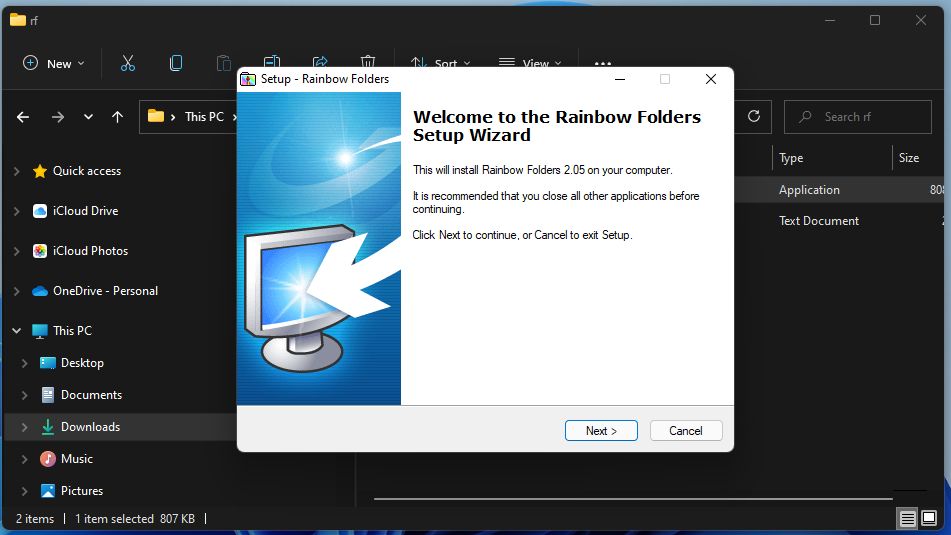 Окно установки Rainbow Folders