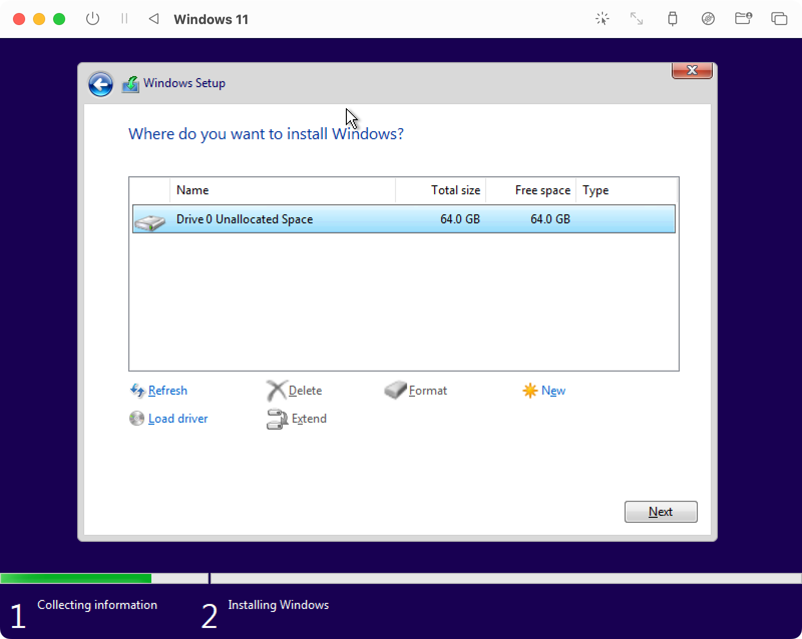 Выберите том для установки Windows 11 в UTM.