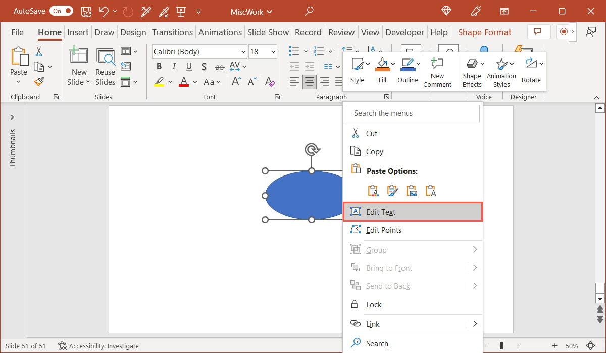 Edit Text in the Shape menu