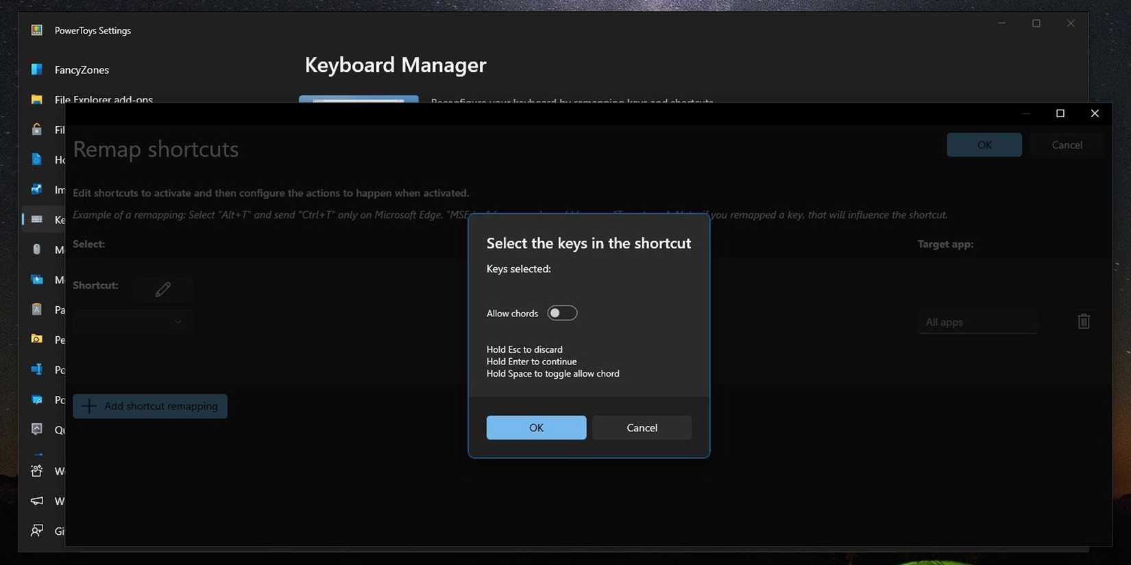 Ввод сочетания в PowerToys