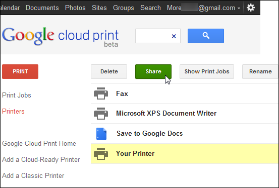 Кнопка 'Поделиться' для выбранного принтера