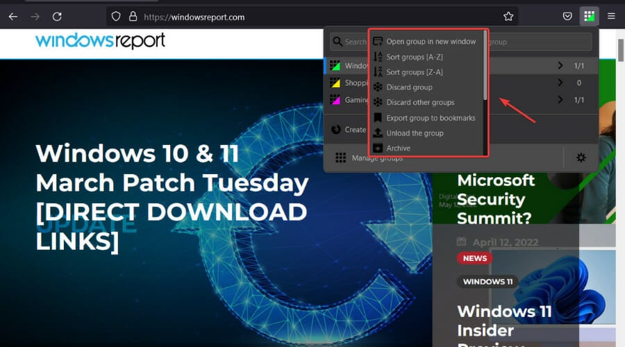 Контекстное меню для опций отдельной группы