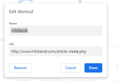Окно редактирования ярлыка сайта в новой вкладке Chrome